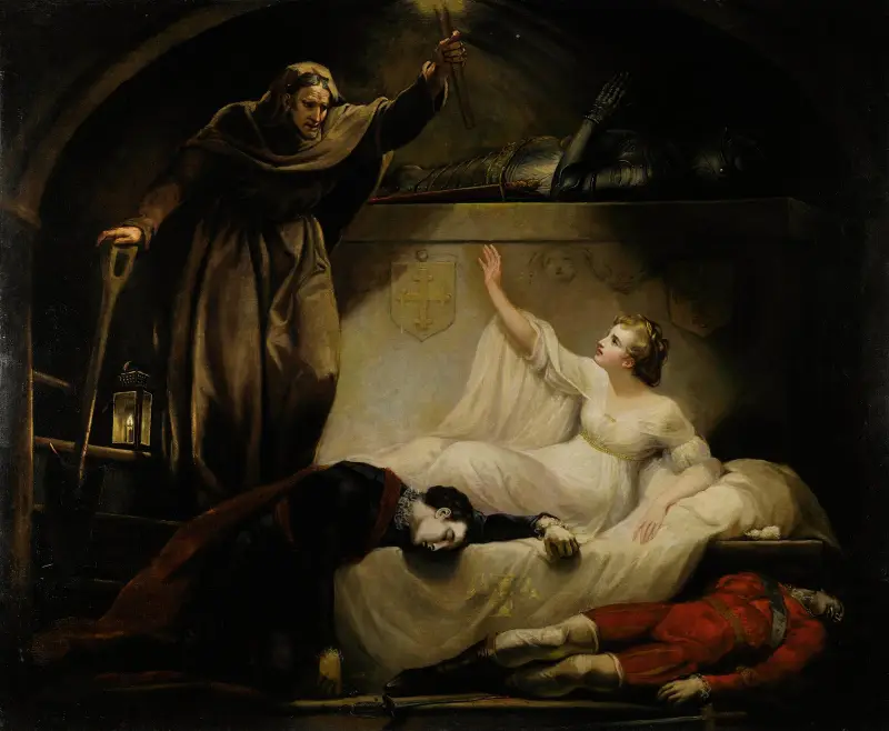Romeo and Juliet, act V, scene III , Romeo and Paris dead, Juliet and Friar Laurence av James Northcote