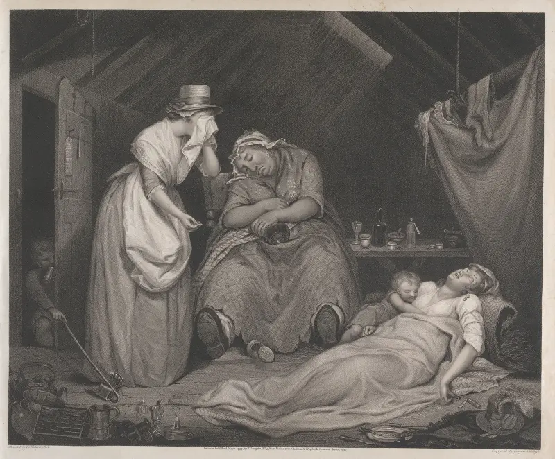 Den lättfärdiga döende i fattigdom och sjukdom besökt av den blygsamma flickan av James Northcote