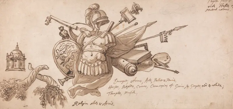 Design for a decoration incorporating motifs allusive to the Arts, Arms, and Religion av Sir James Thornhill