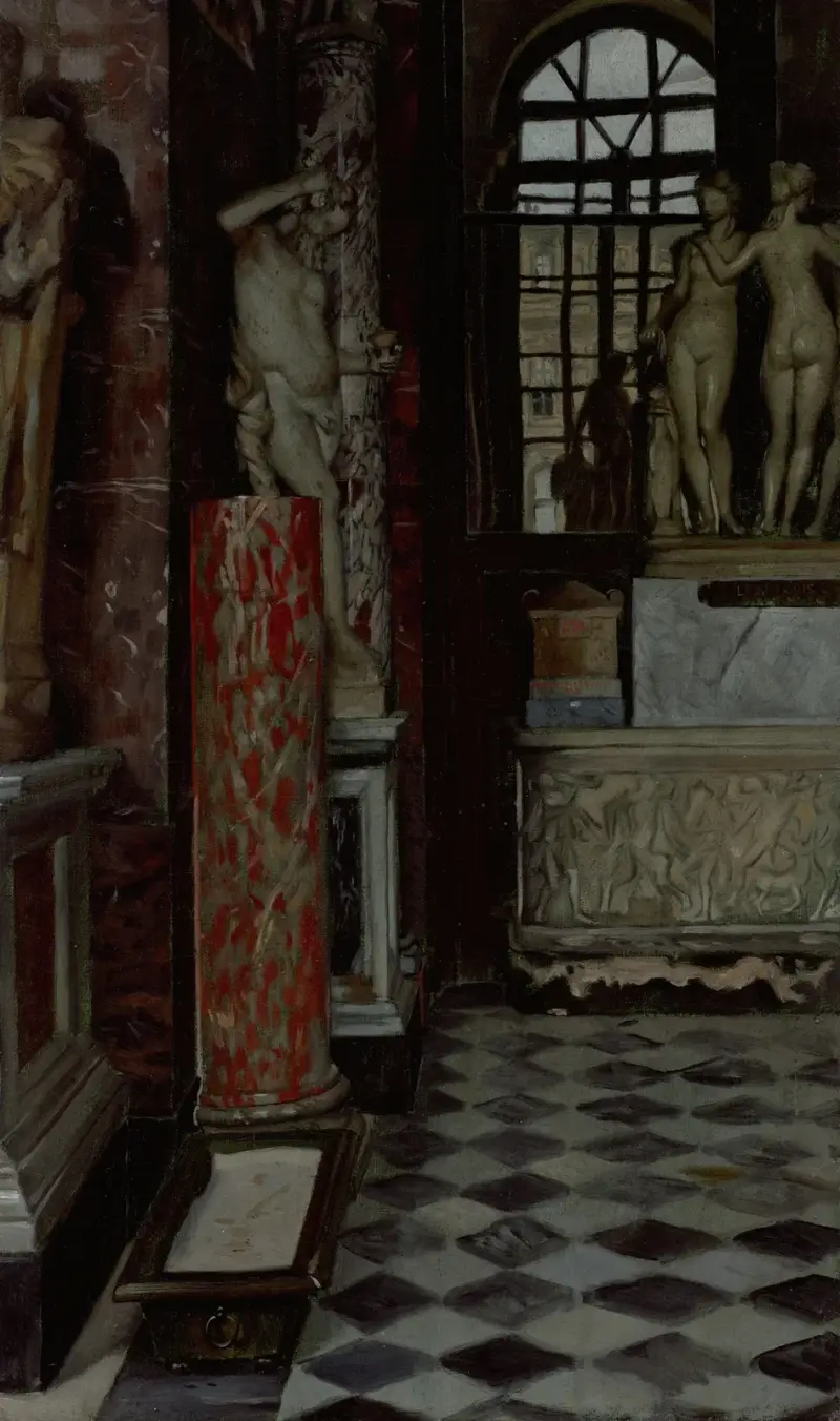Widok sali greckich, rzymskich i etruskich starożytności (Sala nr 9) w Luwrze, James Tissot