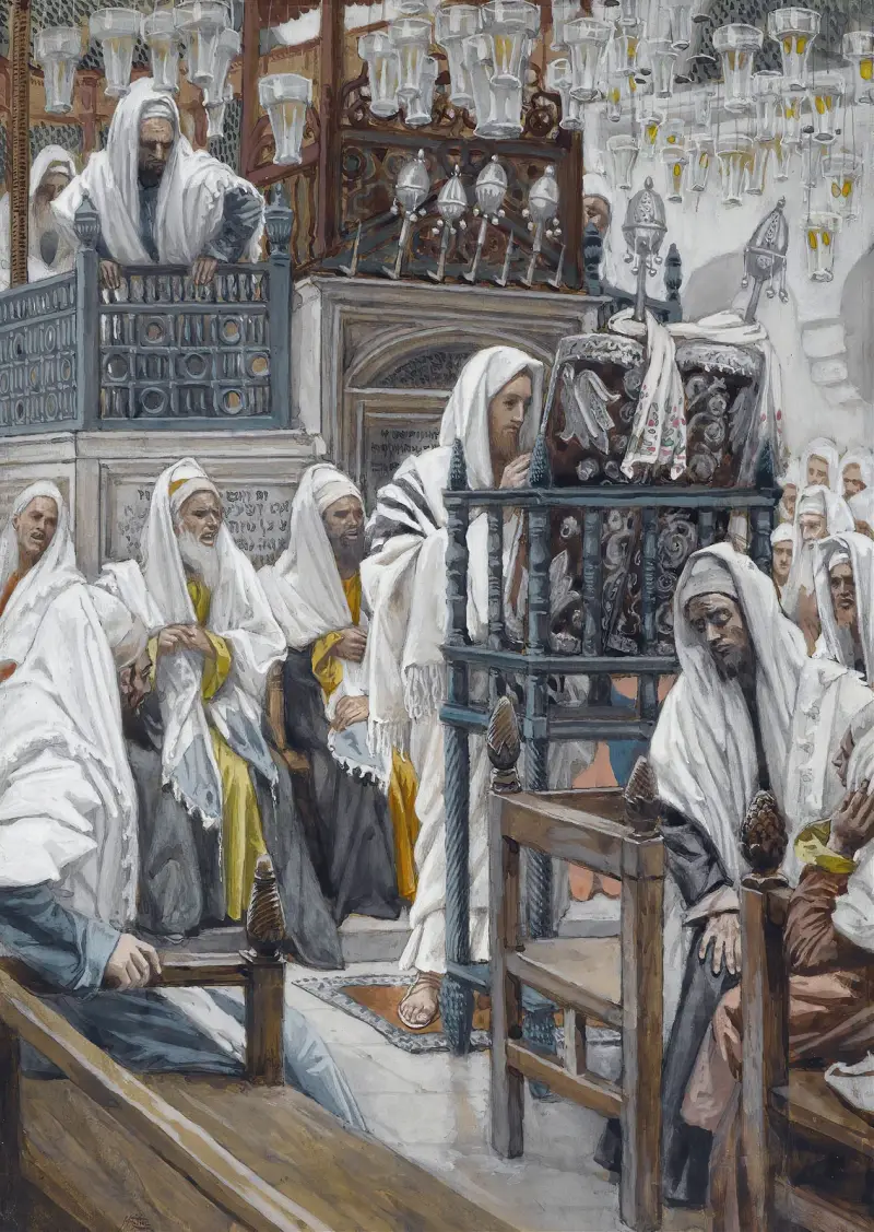 Jesus rullar ut boken i synagogan av James Tissot