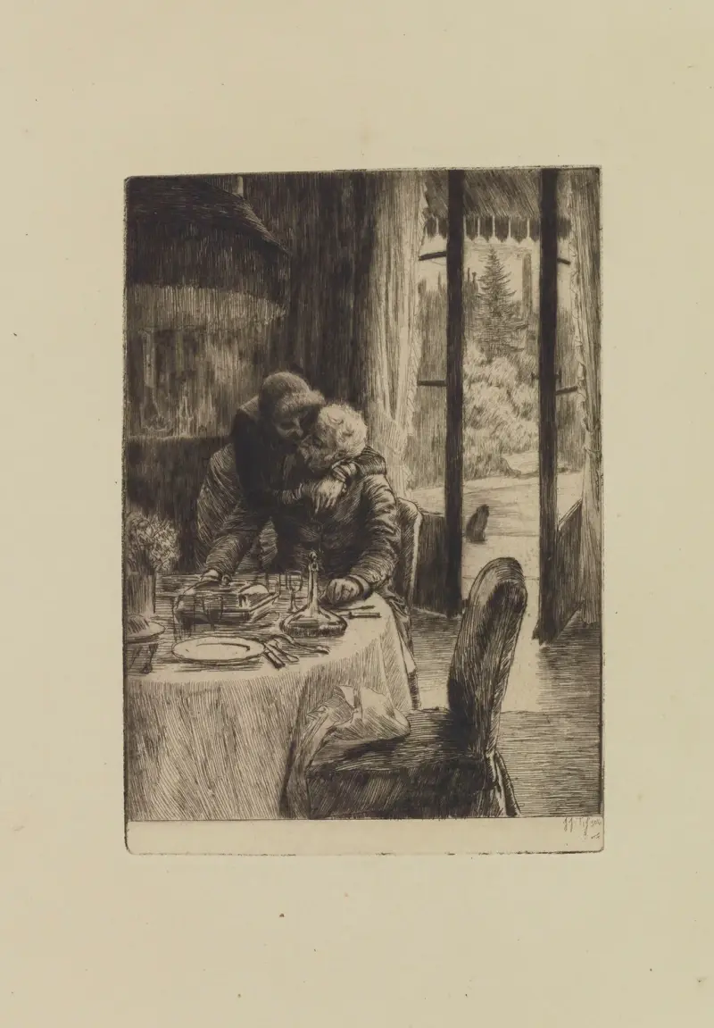 Renée kramar sin far när hon kommer in till frukosten av James Tissot