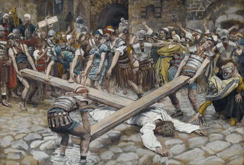 Simon från Kyrene tvingas bära korset med Jesus av James Tissot