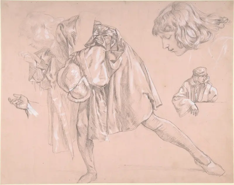 Studie av en ung man som böjer sig fram för att kyssa en hand, till målningen 'Den förlorade sonens avresa' av James Tissot