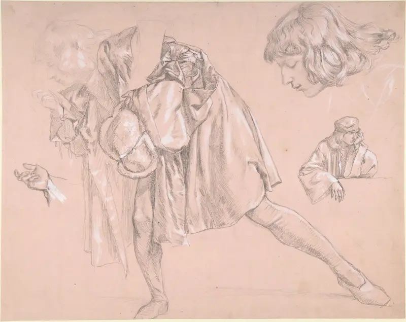 Studie av en ung man som böjer sig fram för att kyssa en hand, för målningen 'Den förlorade sonens avresa' av James Tissot