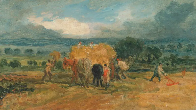 A Harvest Scene with Workers Loading Hay on to a Farm Wagon av James Ward