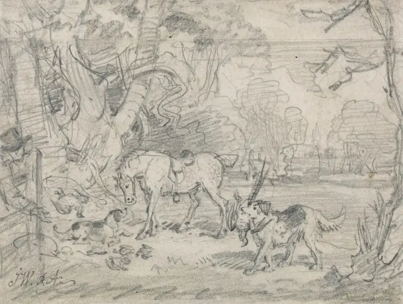 Lord Southampton’s Shooting Pony, with ‘Sailor’, His Retriever, and ‘Rover’, His Spaniel av James Ward