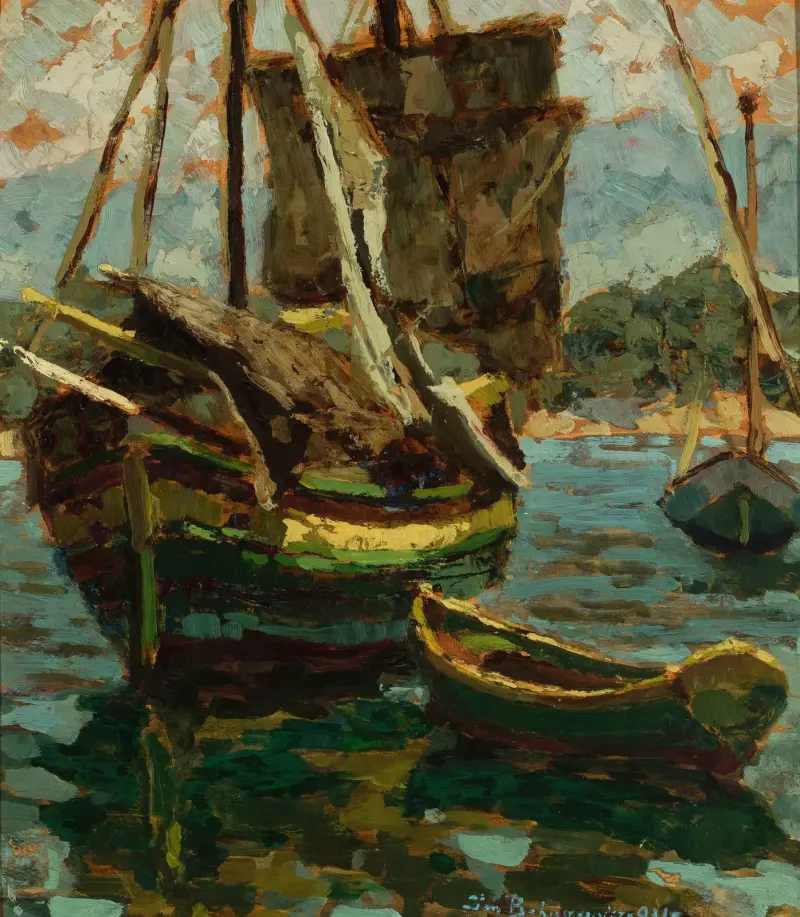 Old Brigantino and two boats av Jan Bohuszewicz