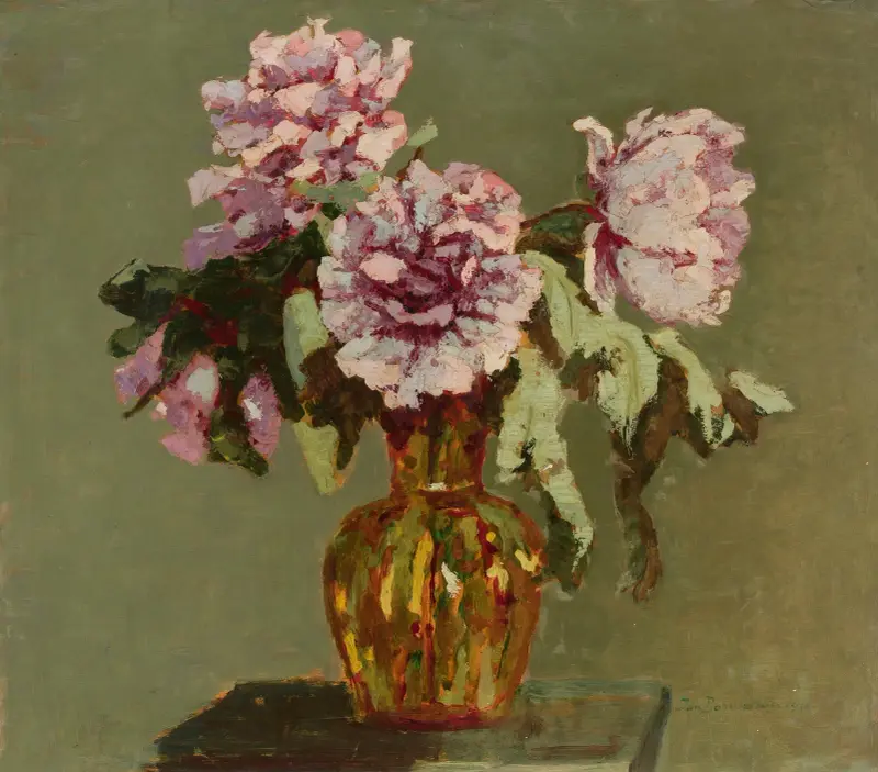 Peonies and small yellow flower-vase av Jan Bohuszewicz