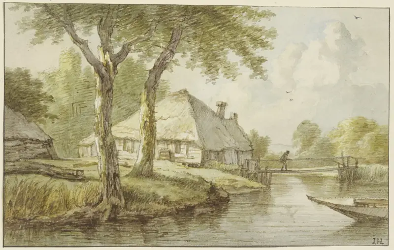Bei zwei Bäumen ein Haus am Wasser, ein Steg, rechts die Spitze eines Kahnes av Jan Hulswit