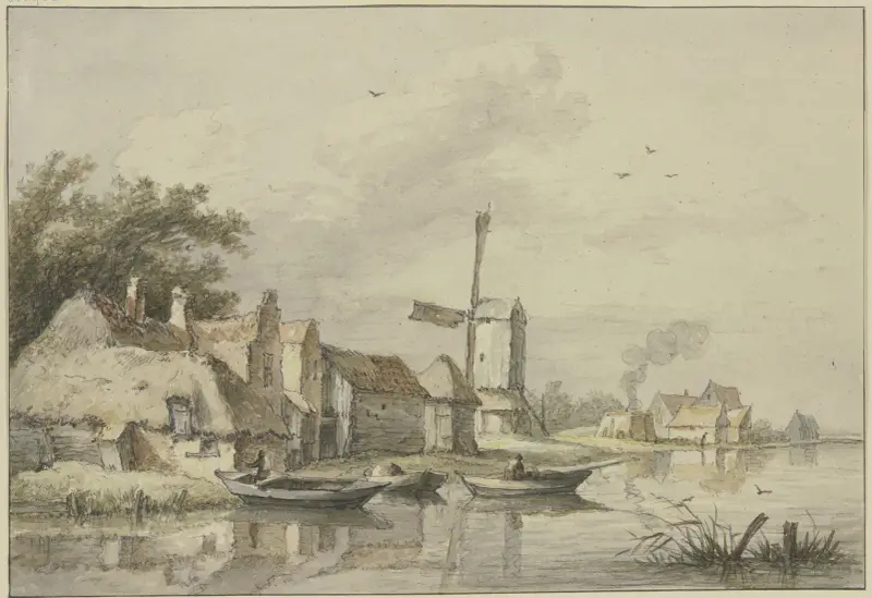 Dorf mit einer Windmühle am Wasser av Jan Hulswit