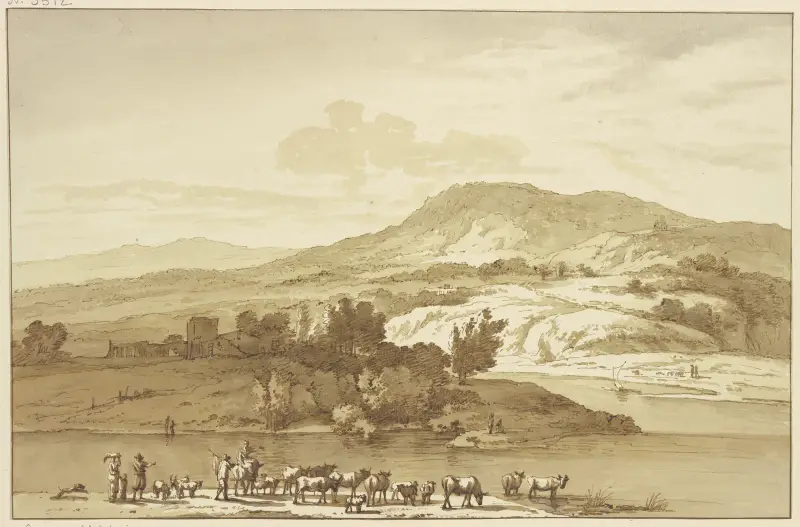 Fluß mit Herde, im Hintergrund Berge av Jan Hulswit