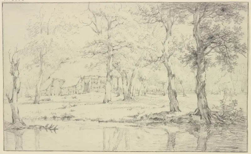 Landschaft, vorne Wasser, unter vielen Bäumen ein Haus mit Zaun av Jan Hulswit