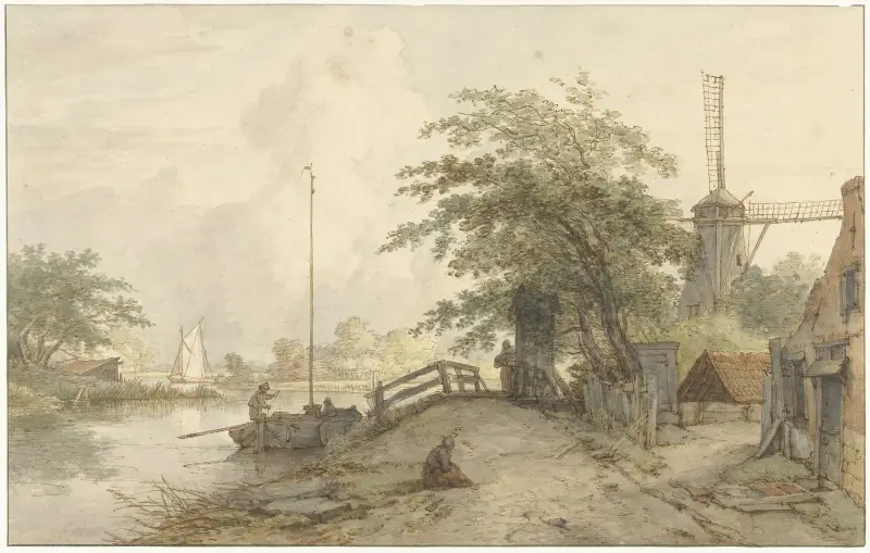 Landschap met bruggetje en huis aan weg langs een water av Jan Hulswit