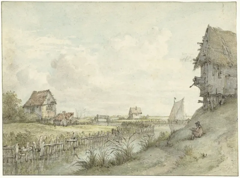 Rivierlandschap met schetsende tekenaar tussen hutjes av Jan Hulswit