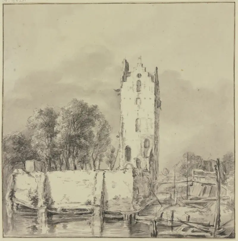 Turm bei einer Mauer, von Wasser umgeben av Jan Hulswit