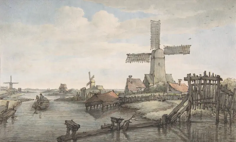 View of a Canal with Three Windmills av Jan Hulswit
