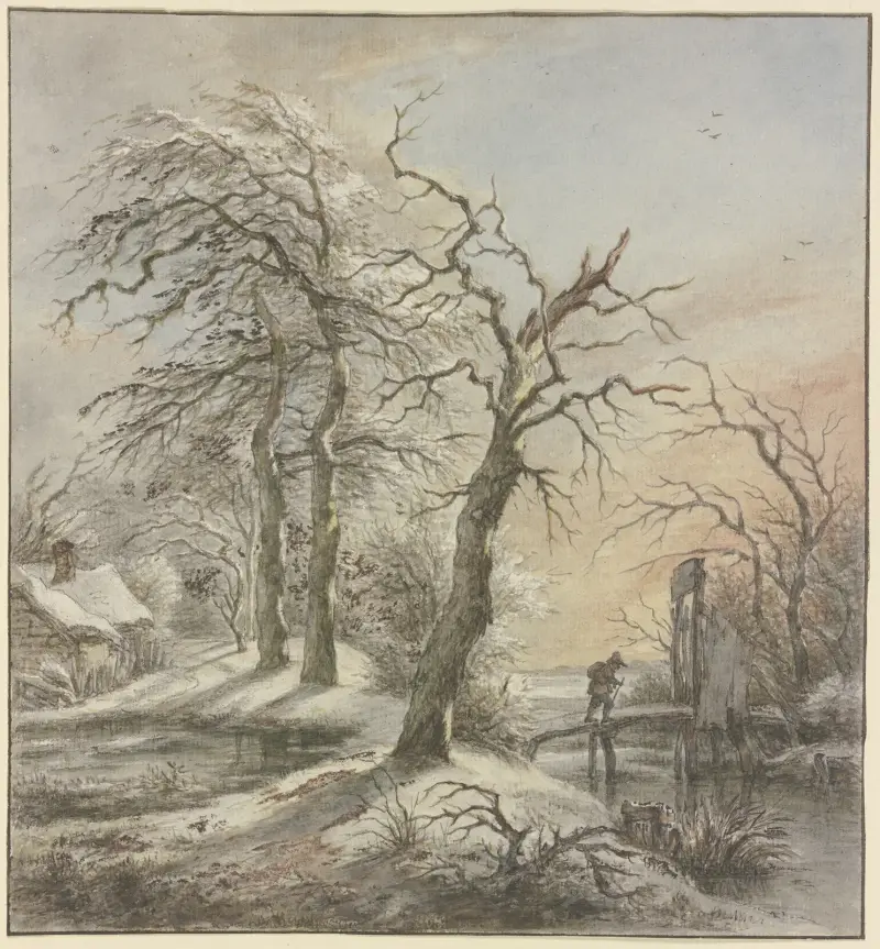 Winterlandschaft, ein Wanderer überquert auf einem Steg einen Bach av Jan Hulswit