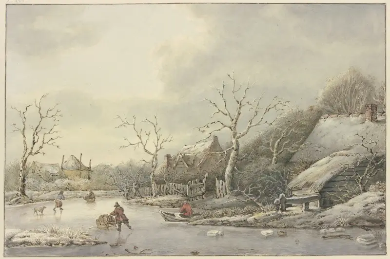 Winterlandschaft mit Schlittschuhläufern auf einem Kanal av Jan Hulswit