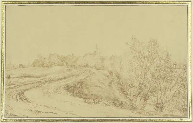 Dorfansicht mit einem Fahrweg, der an einem mit Weiden besetztem Graben hinführt av Jan Lievens