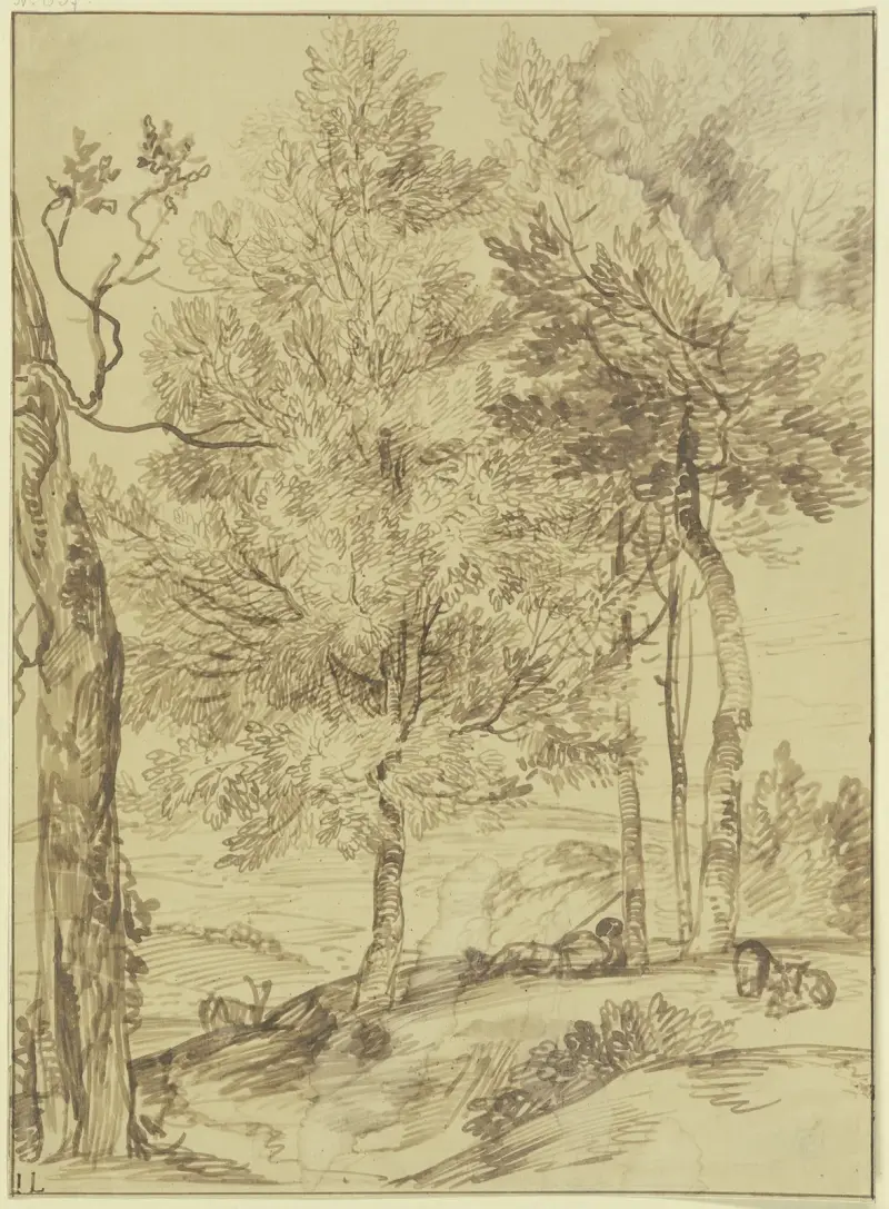 Ein Schäfer auf einem Hügel unter Bäumen liegend av Jan Lievens