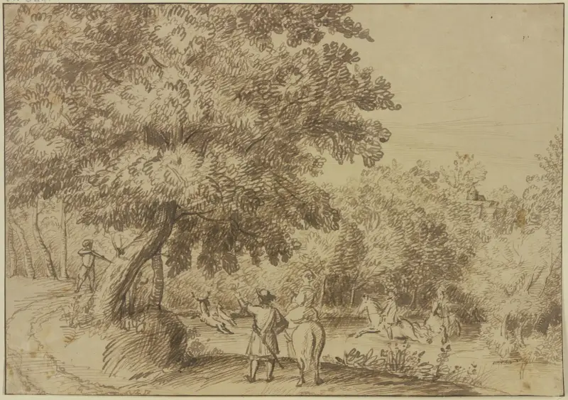 Waldpartie, zwei Reiter sprengen einen Hirsch durchs Wasser, eine Dame zu Pferde sieht zu av Jan Lievens