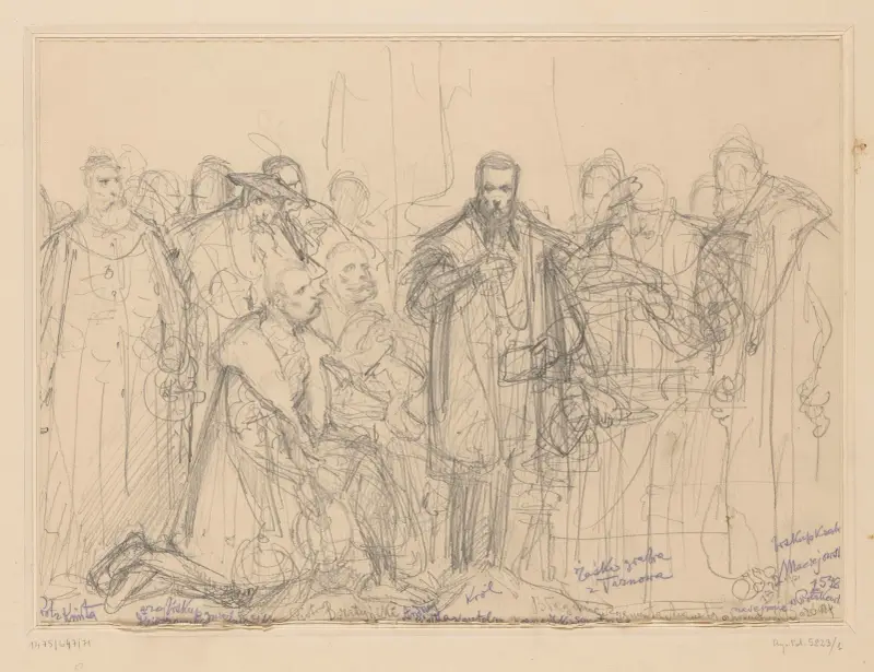 Bönfallan till Sigismund Augustus att lämna Barbara, konceptuell skiss av Jan Matejko