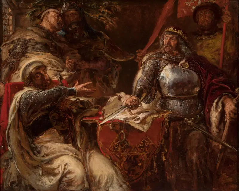King Władysław Łokietek breaks negotiations with the Teutonic Knights av Jan Matejko
