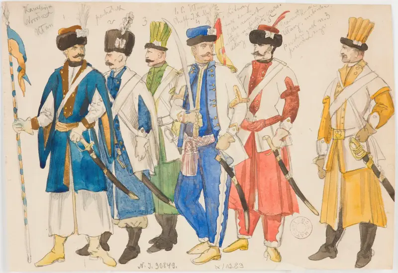 Kostymstudie – Rad av manliga figurer i militära dräkter av Jan Matejko