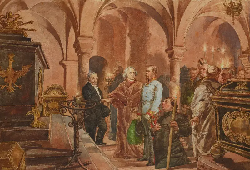 Kejsaren framför Johann III Sobieskis sarkofag i Sankt Leonards krypta under Wawelkatedralen av Jan Matejko