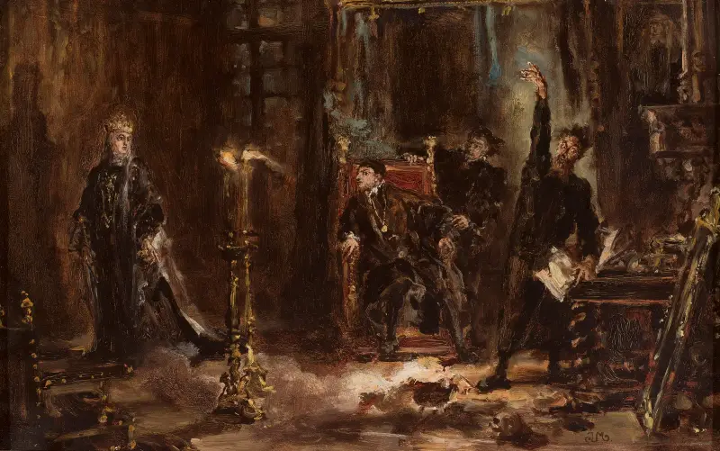 Twardowski frammanar Barbaras ande för Sigismund Augustus, skiss av Jan Matejko