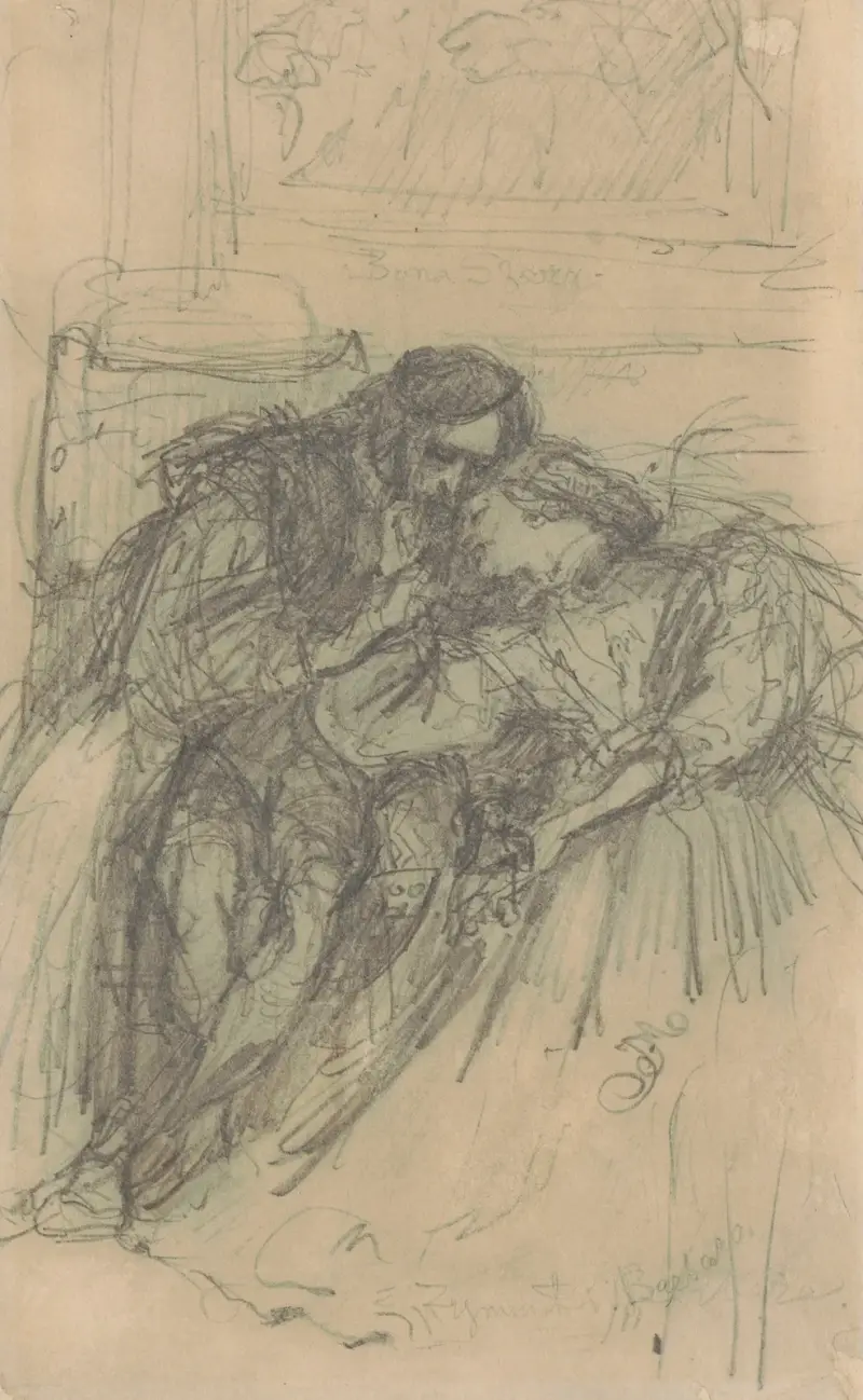 Sigismund August mit Barbara am Hof der Radziwiłł in Wilna, Kompositionsskizzen zur ersten Fassung des Gemäldes, doppelseitig von Jan Matejko