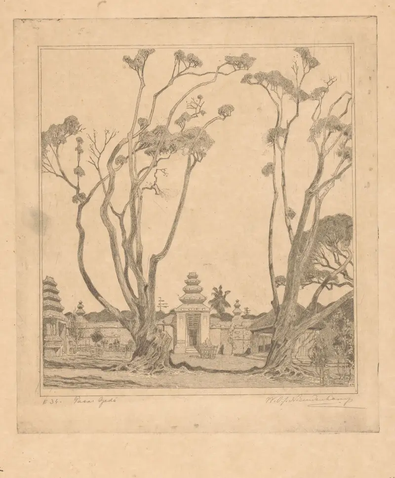 Innenhof mit zwei Waringinbäumen bei Yogyakarta auf Java von Wijnand Otto Jan Nieuwenkamp