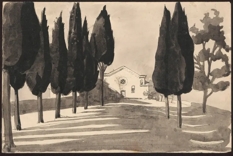 Landscape with an alley of trees leading to a church av Jan Rembowski