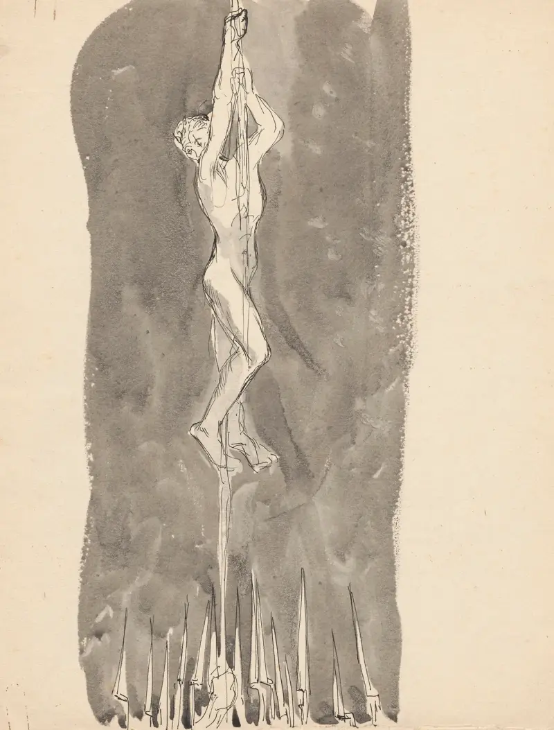 Naked man climbing a rope av Jan Rembowski