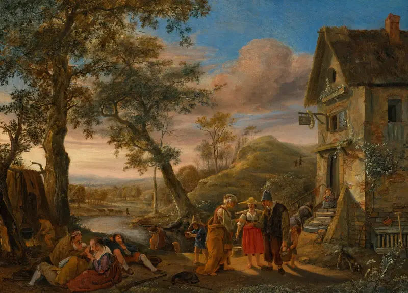 En spåkvinna och bönder framför ett värdshus med flodlandskap av Jan Steen