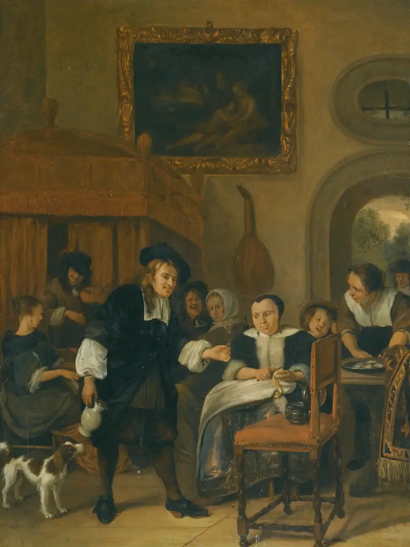 En herre bjuder en dam ett glas vin med ett par musicerande och andra stadsbor i en interiör av Jan Steen