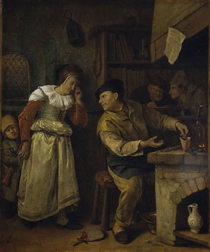 En guldsmed smälter ner en kvinnas smycken inför en notarie, 'Alkemisten' av Jan Steen