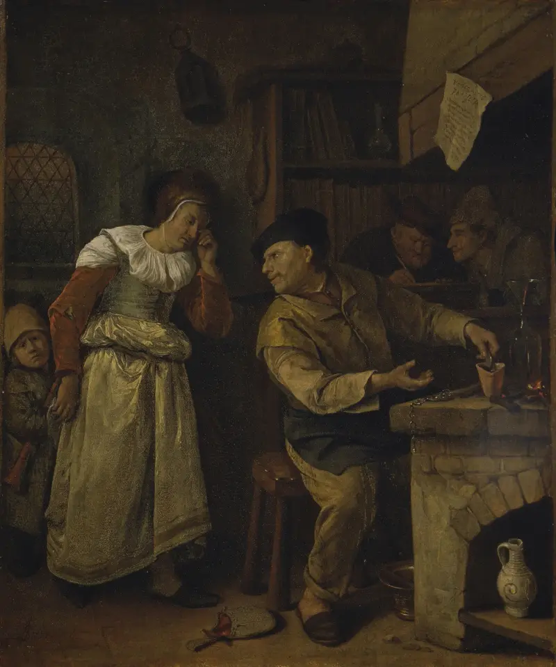 En guldsmed smälter ner en kvinnas smycken i närvaro av en notarie; ”Alkemisten” av Jan Steen