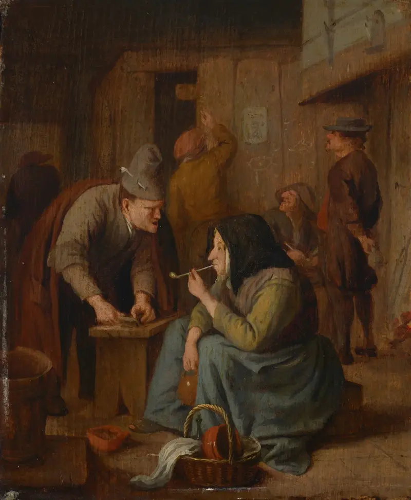 Kroginteriör med rökande kvinna och tobaksskärande man av Jan Steen