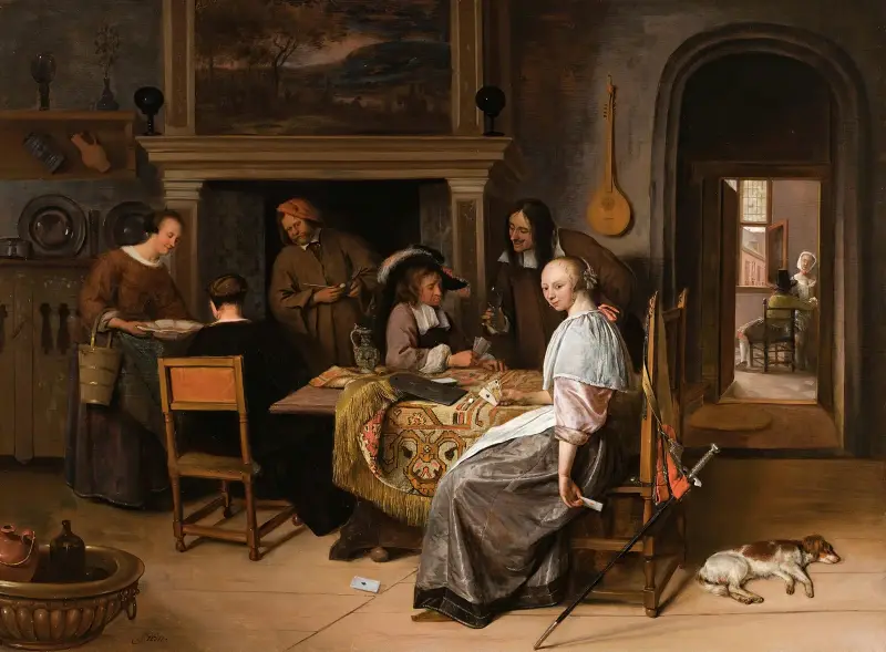 Ett elegant sällskap i en interiör med figurer som spelar kort vid ett bord av Jan Steen