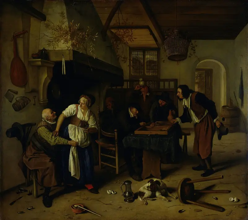 Interiör av ett värdshus med en gubbe som roar sig med värdshusvärdinnan och två män som spelar backgammon, känd som 'Två slags spel' av Jan Steen