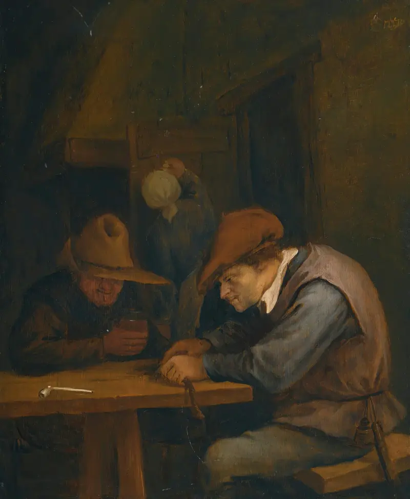Bönder som dricker och skär tobak i en krog av Jan Steen