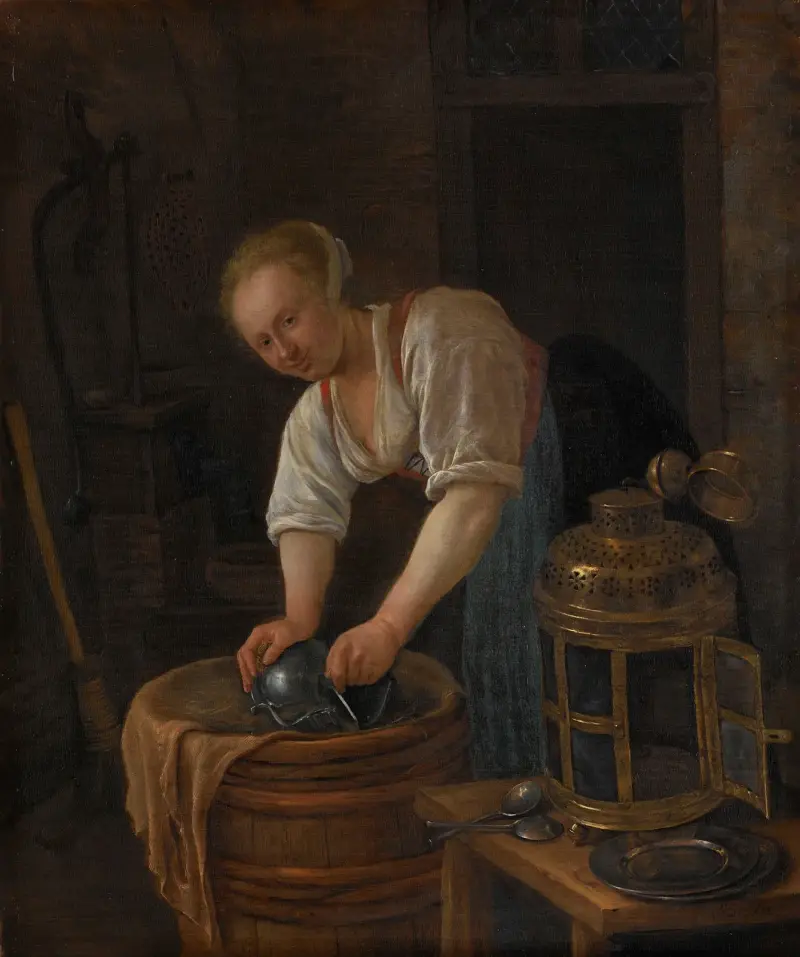 Kvinna skurar metallkärl av Jan Steen