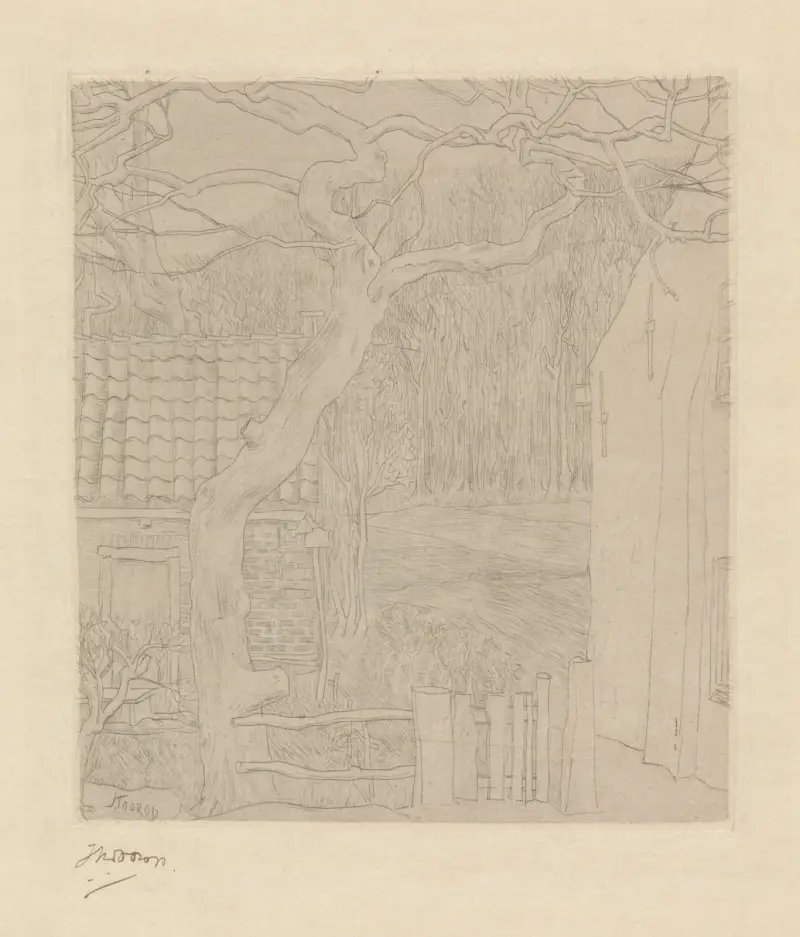Träd vid två hus vid skogsbrynet av Jan Toorop