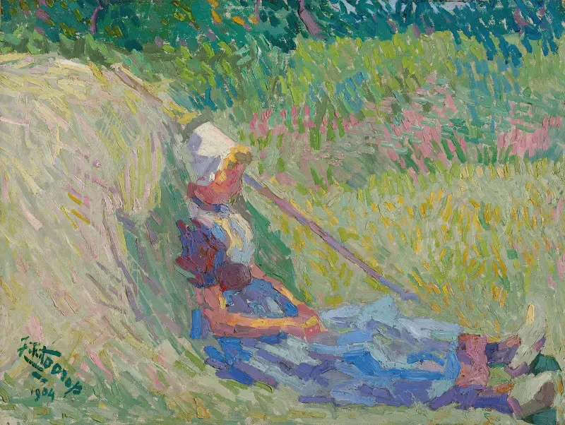 Flicka vilande mot en höstack av Jan Toorop