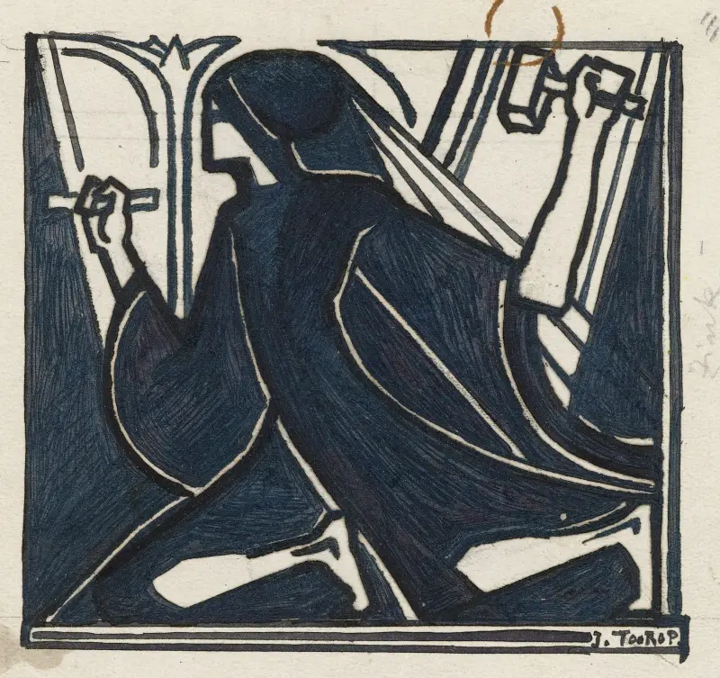 Knäböjande figur med hammare och mejsel av Jan Toorop