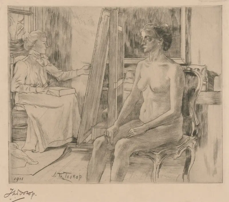 Konstnärsstudie av kvinnlig nakenmodell av Jan Toorop