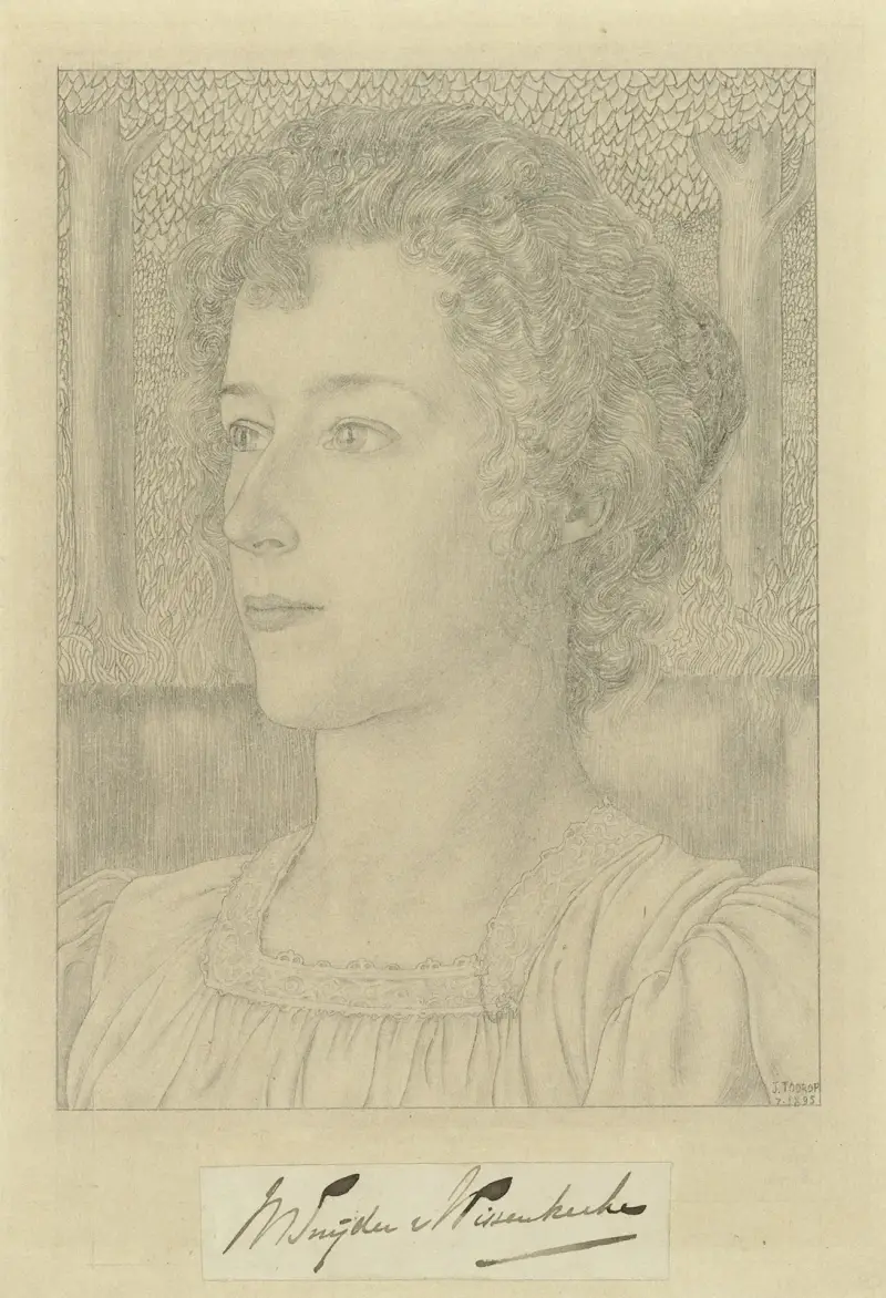 Porträtt av fröken M. Snijder van Wissenkerke med äng och träd i bakgrunden av Jan Toorop