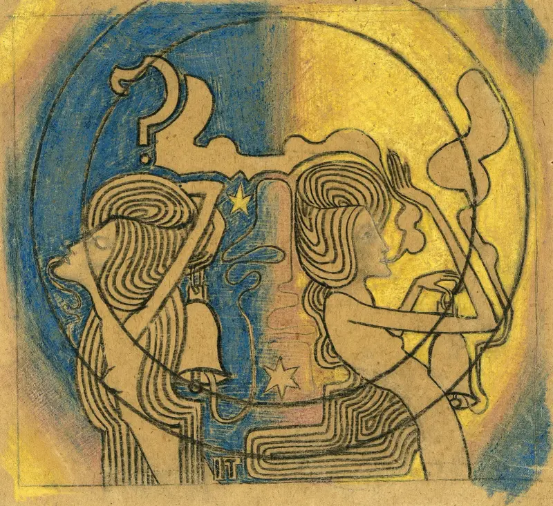 Två stiliserade kvinnofigurer med klocka i handen av Jan Toorop